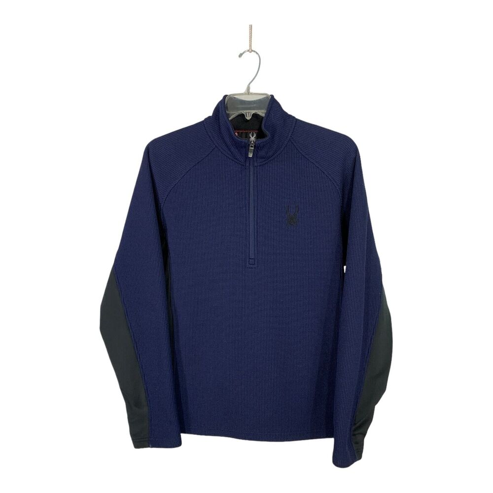 Spyder Core Sweatshirt Sweater 1/4 Zip Blue Black Men's Large Fleece Line Ribbed